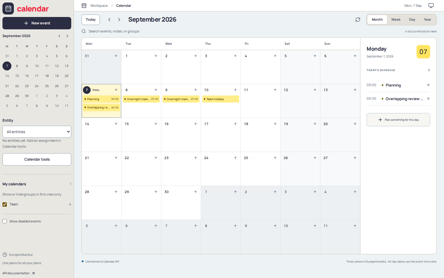 Calendar month view with group filters and a selected-day agenda