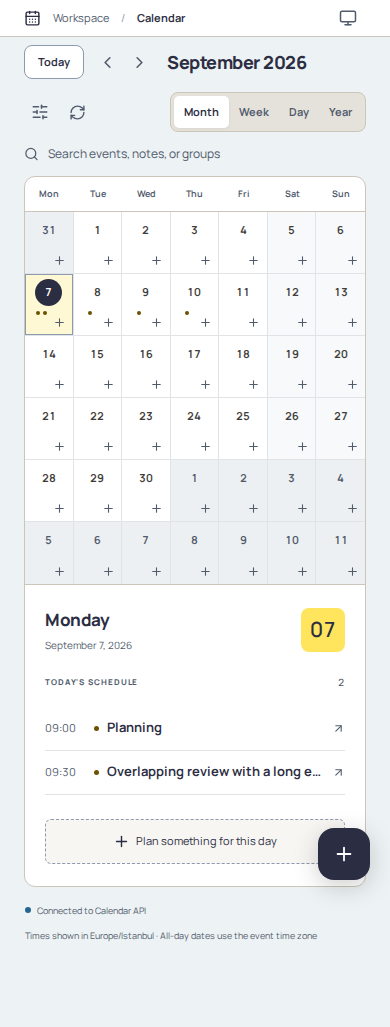 Mobile month view with event dots and a selected-day agenda