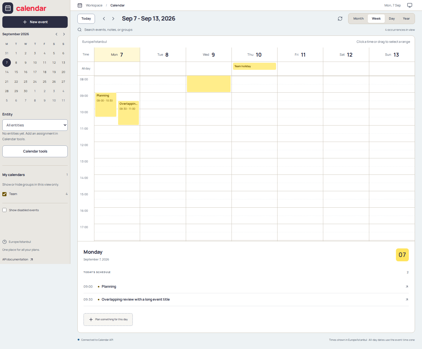 Week view showing timed events and an all-day row